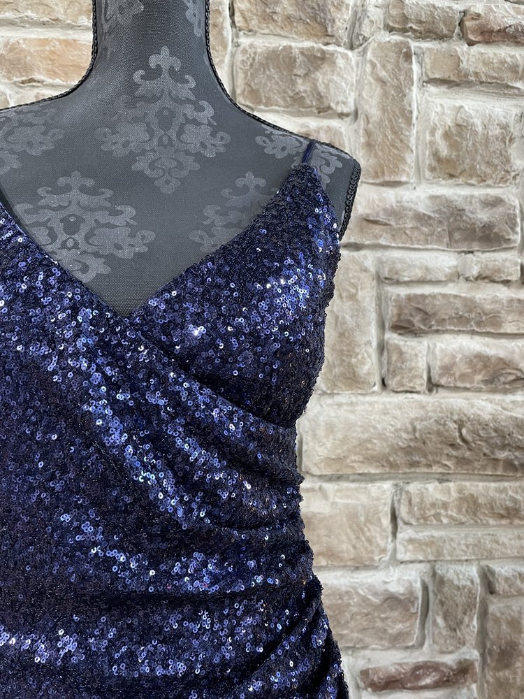 Trixxi Navy Faux  Wrap Sequin Gown