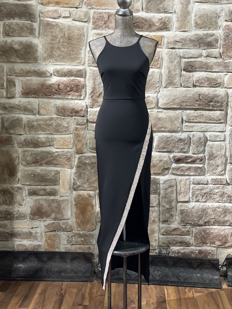 BCX Black Halter Rhinestone Slit Gown