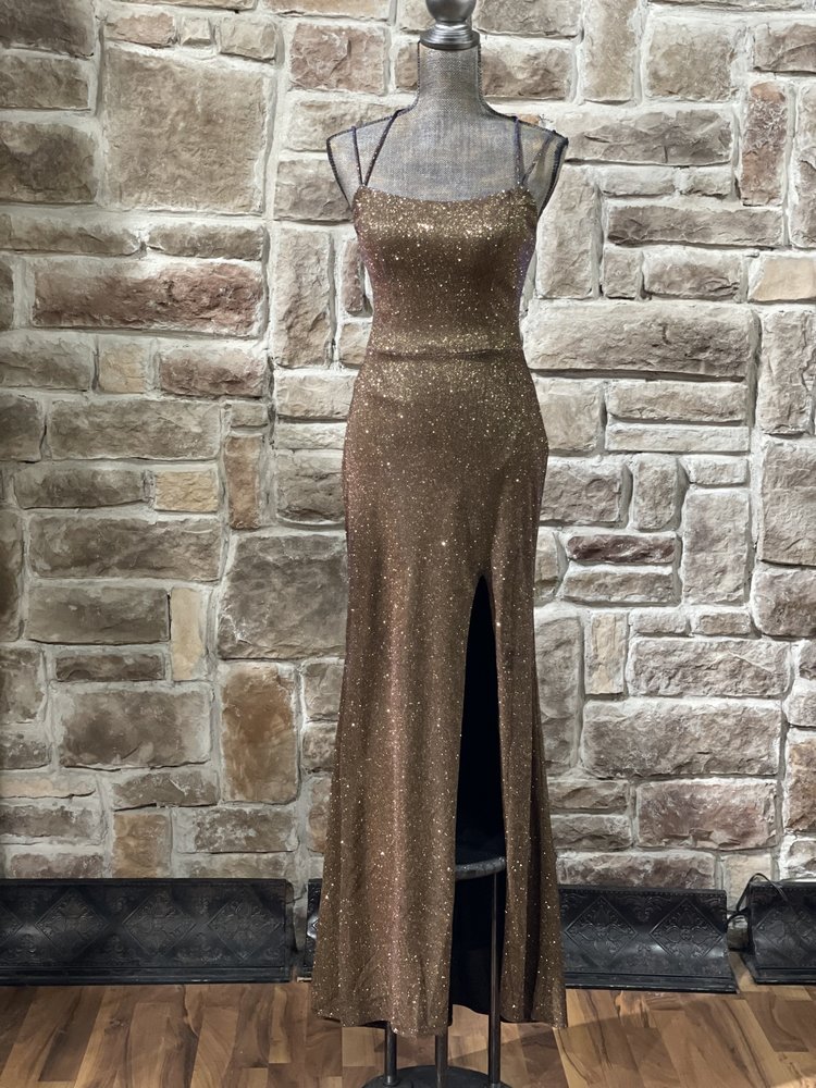 Blondie Nites Gold Fuchsia Metallic Glitter Gown