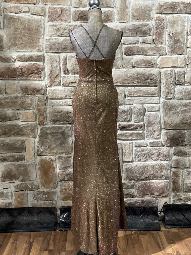 Blondie Nites Gold Fuchsia Metallic Glitter Gown