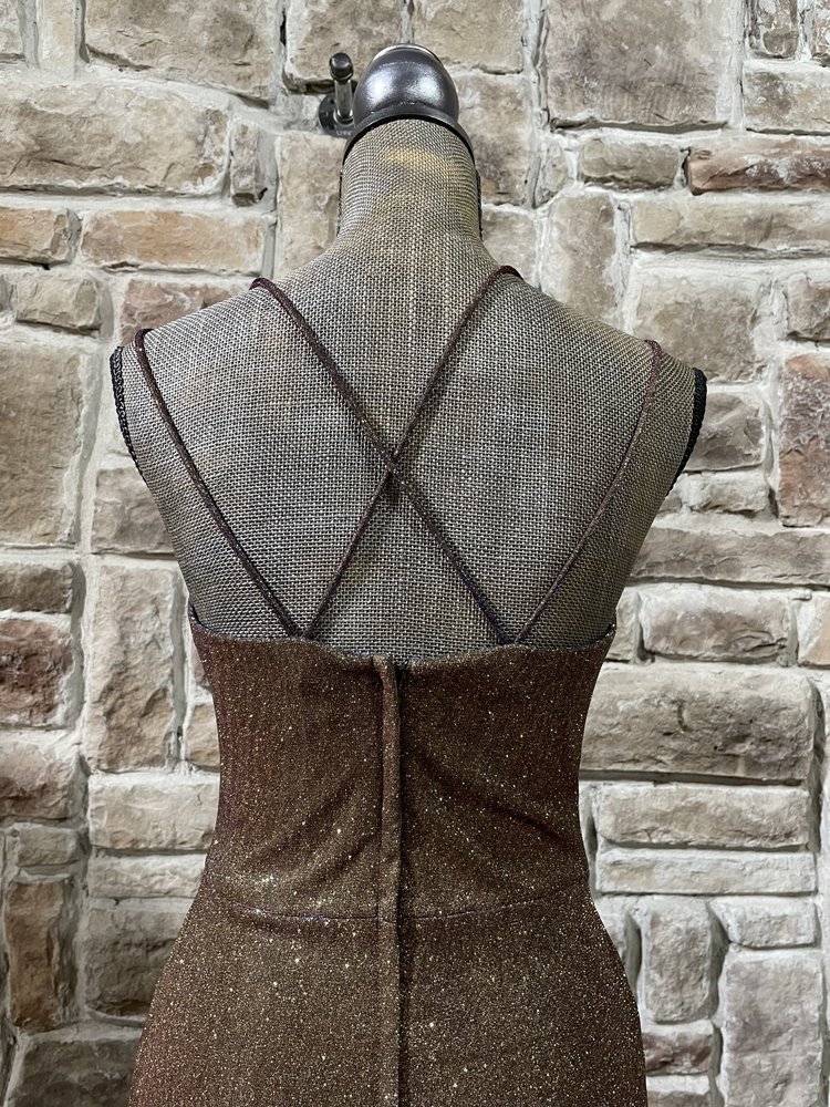 Blondie Nites Gold Fuchsia Metallic Glitter Gown