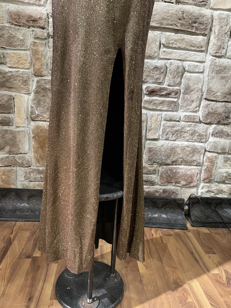 Blondie Nites Gold Fuchsia Metallic Glitter Gown