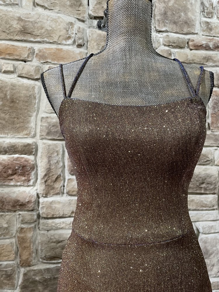 Blondie Nites Gold Fuchsia Metallic Glitter Gown