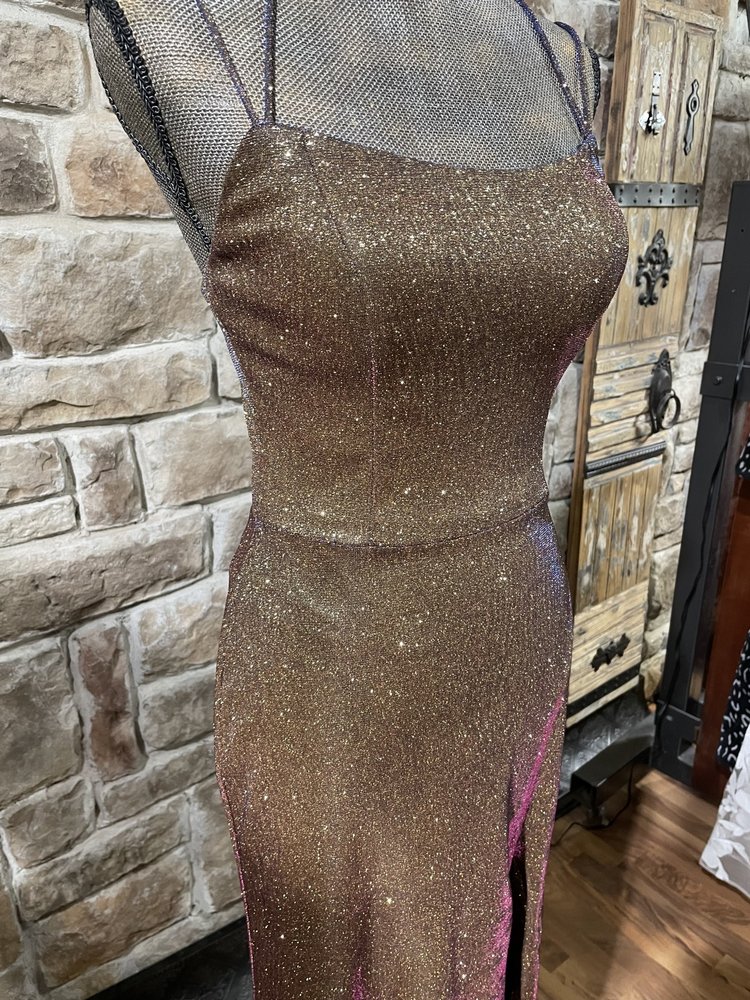 Blondie Nites Gold Fuchsia Metallic Glitter Gown