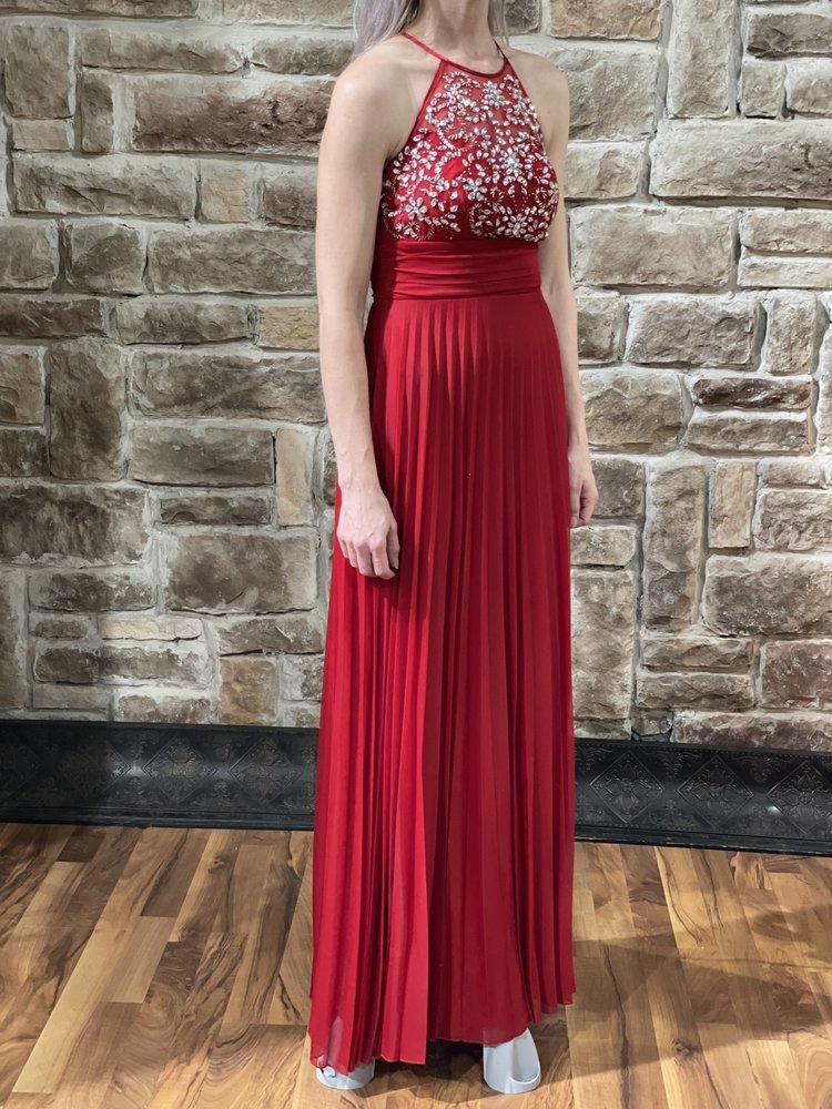 B Darlin Red Halter Beaded Bodice Gown