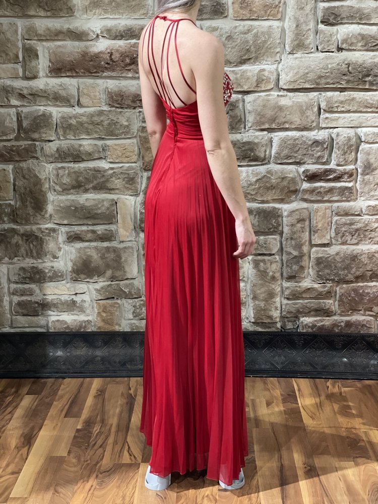 B Darlin Red Halter Beaded Bodice Gown