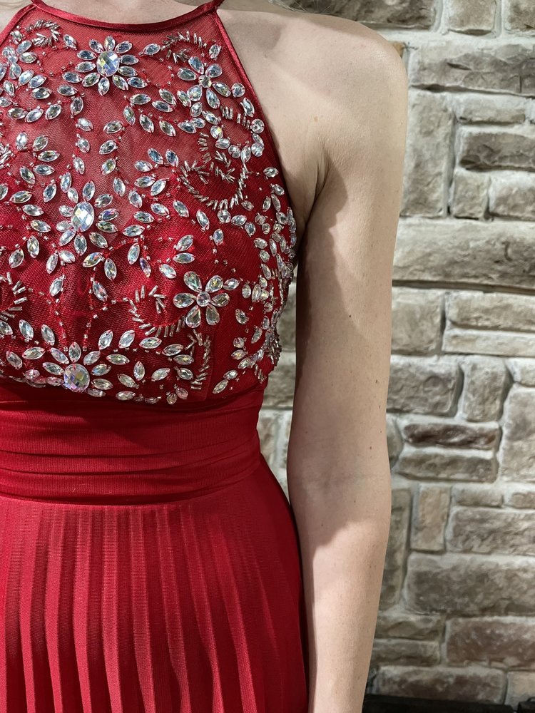 B Darlin Red Halter Beaded Bodice Gown