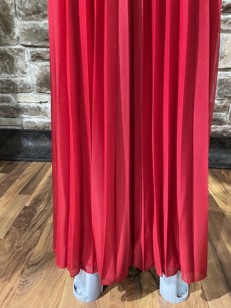 B Darlin Red Halter Beaded Bodice Gown