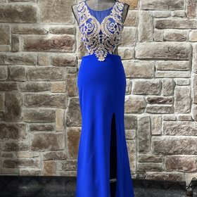 City Studio Royal Blue Embroidered Bodice Cut Out Gown, Size 5/6
