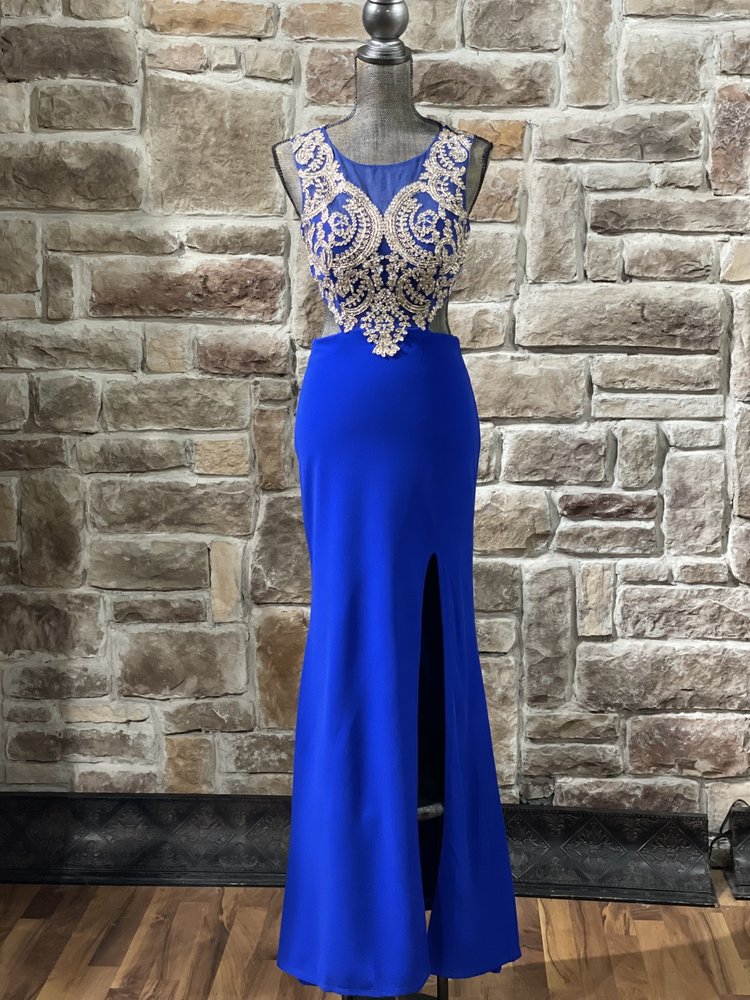 City Studio Royal Blue Embroidered Bodice Cut Out Gown, Size 5/6