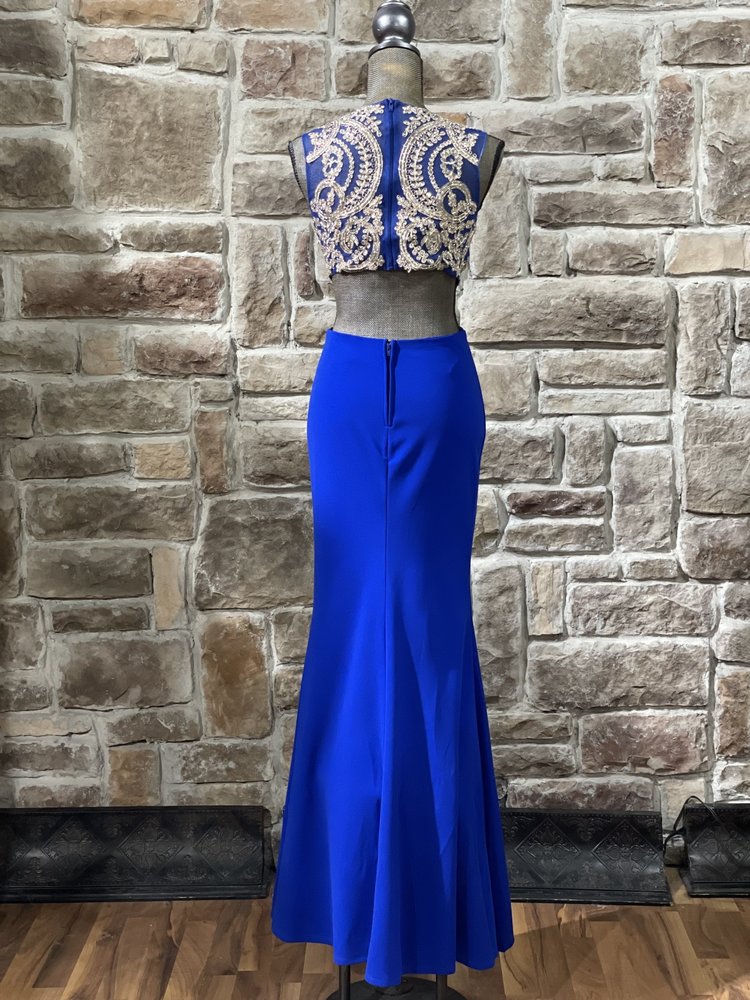 City Studio Royal Blue Embroidered Bodice Cut Out Gown, Size 5/6