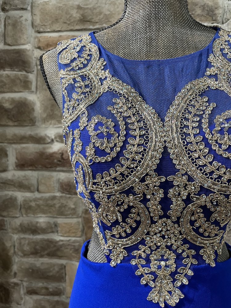 City Studio Royal Blue Embroidered Bodice Cut Out Gown, Size 5/6