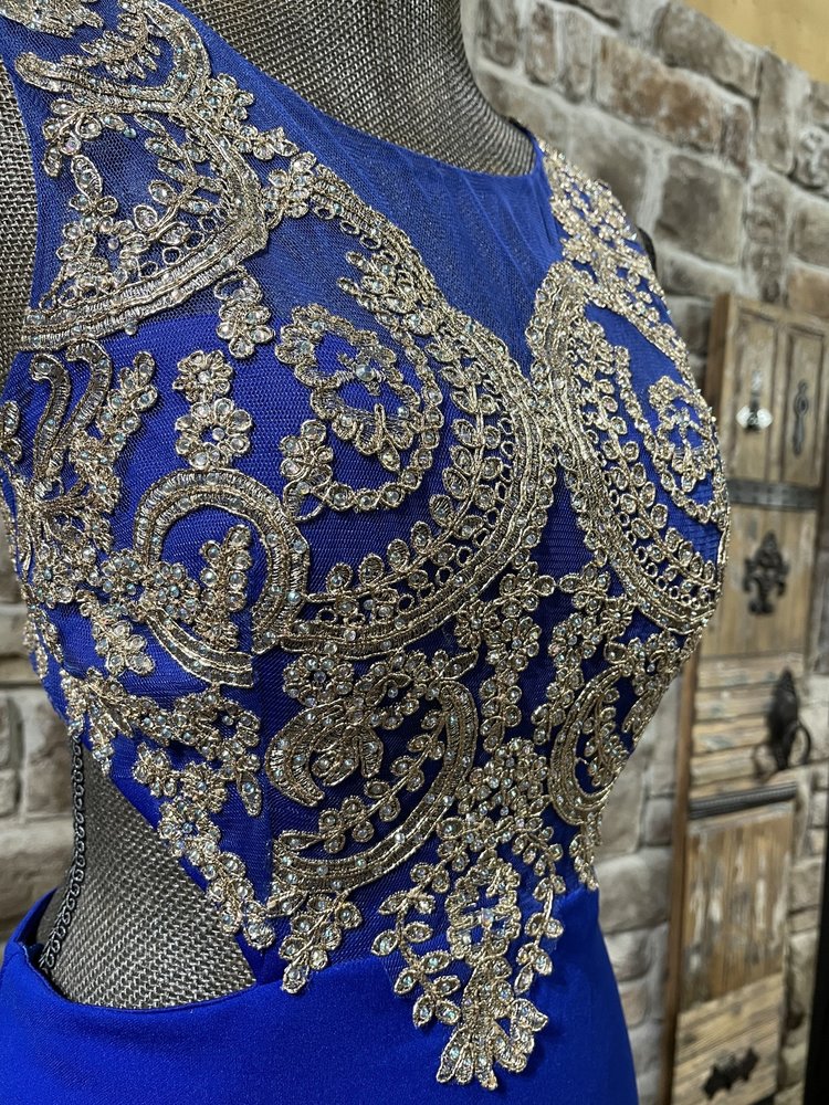 City Studio Royal Blue Embroidered Bodice Cut Out Gown, Size 5/6