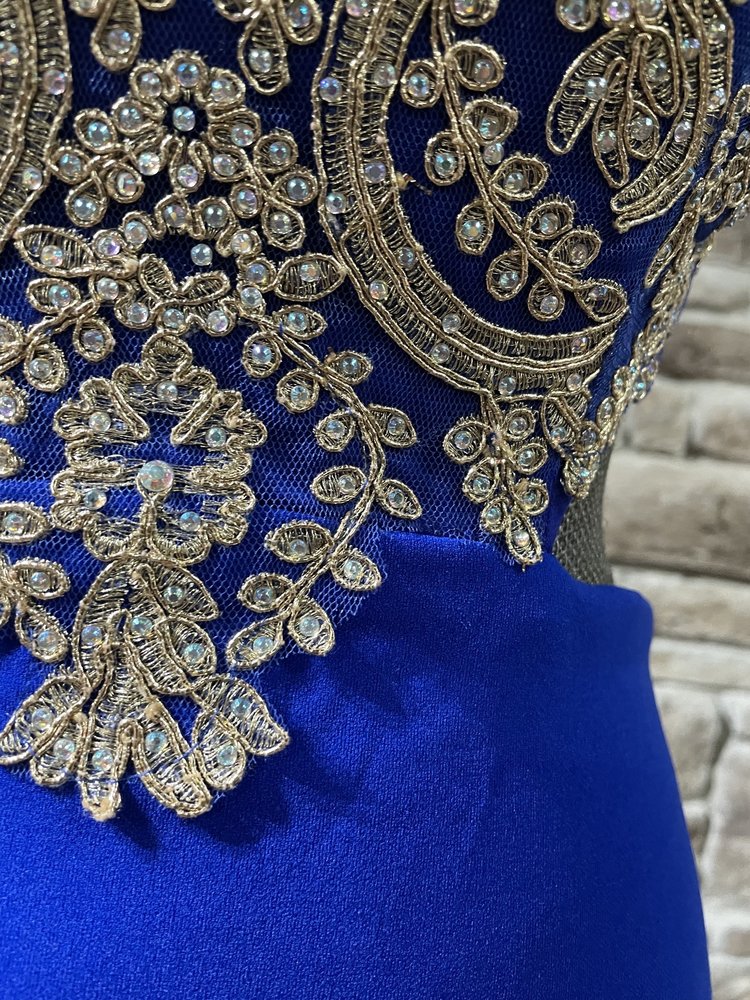 City Studio Royal Blue Embroidered Bodice Cut Out Gown, Size 5/6