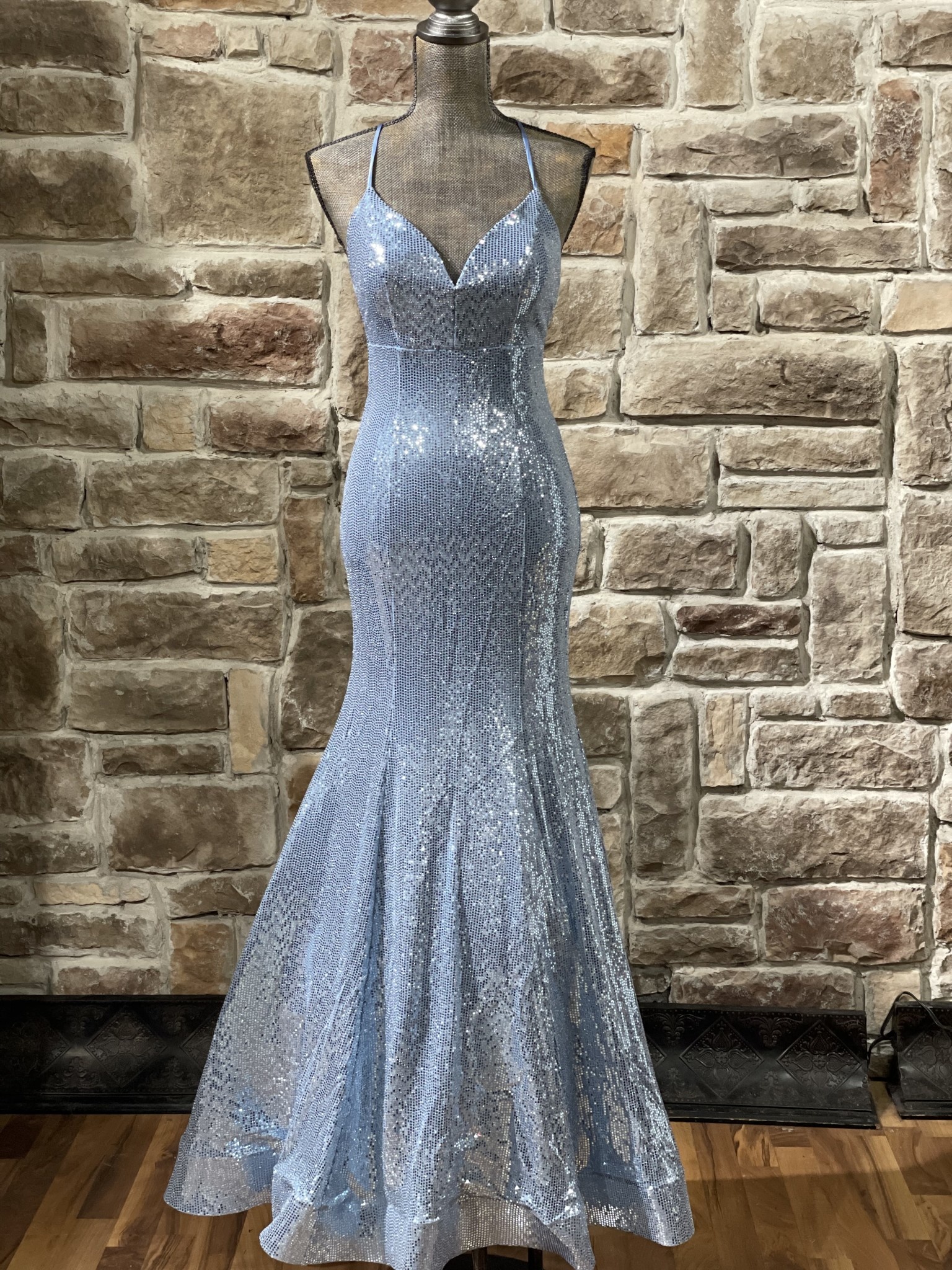Blue Silver Plus Size Glitter Net Gown