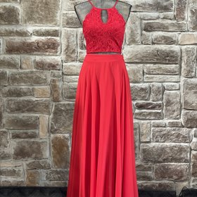 City Studio Red Two-Piece Glittered Lace Halter and Chiffon Gown
