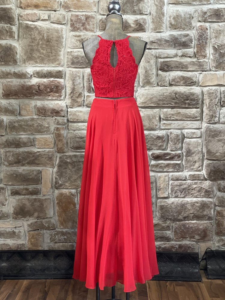 City Studio Red Two-Piece Glittered Lace Halter and Chiffon Gown