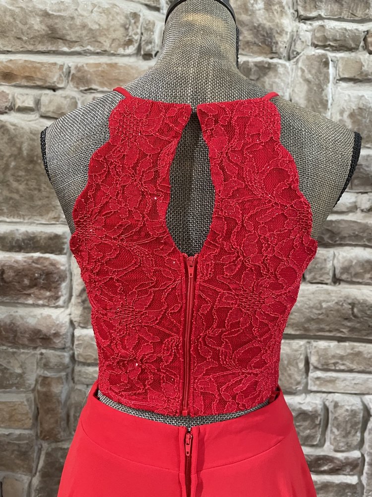 City Studio Red Two-Piece Glittered Lace Halter and Chiffon Gown