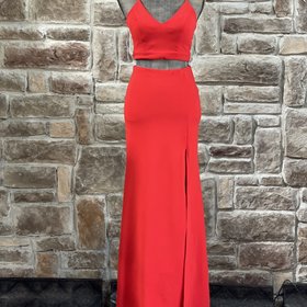 B Darlin Red Two-Piece Lace Back Halter Gown