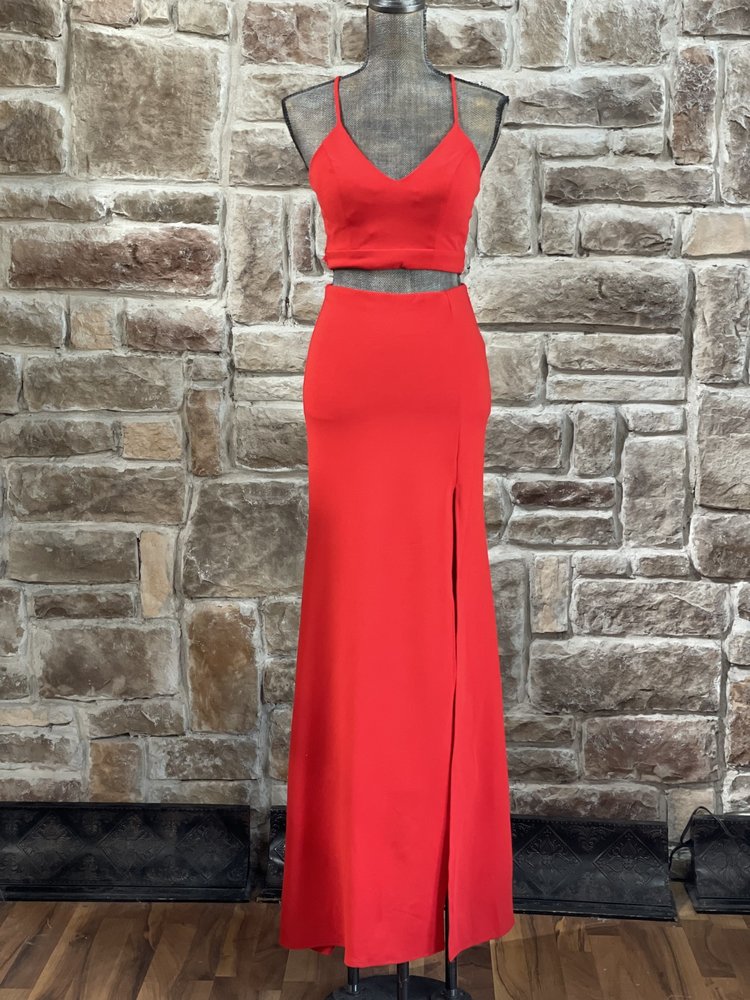 B Darlin Red Two-Piece Lace Back Halter Gown