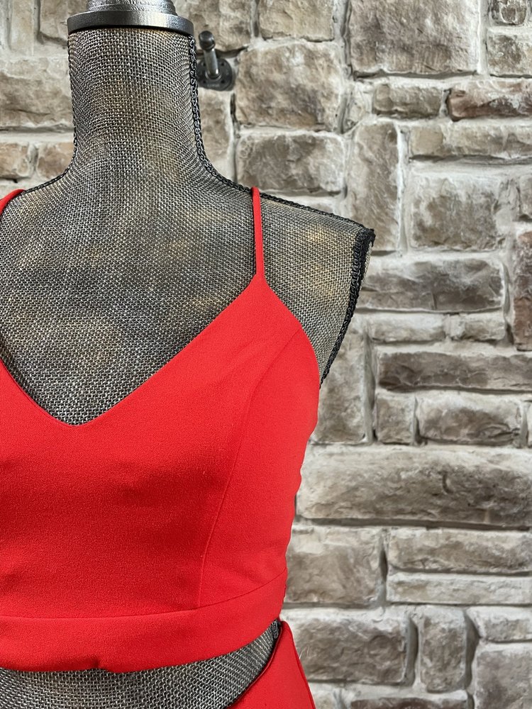 B Darlin Red Two-Piece Lace Back Halter Gown