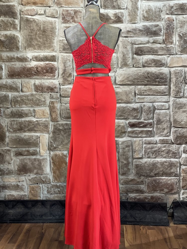 B Darlin Red Two-Piece Lace Back Halter Gown