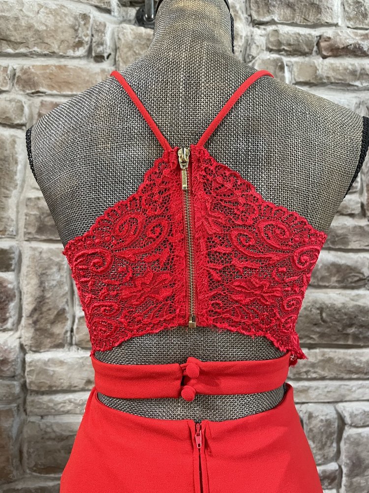 B Darlin Red Two-Piece Lace Back Halter Gown