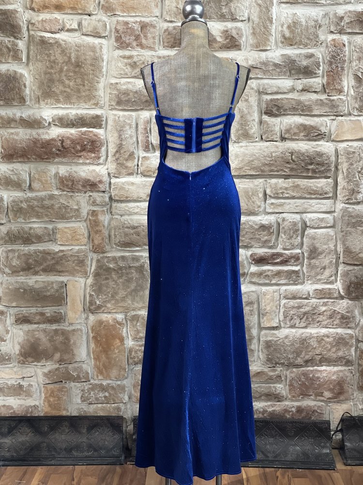 Morgan & Co. Royal Blue Glitter Velvet RIbbed Back Gown