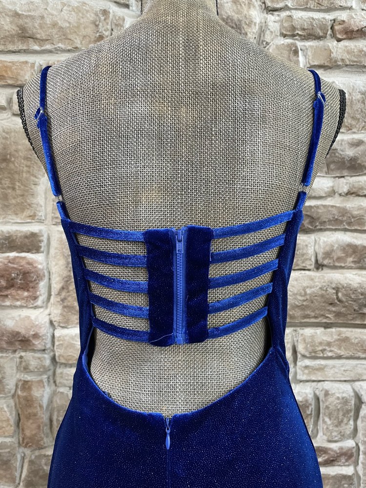Morgan & Co. Royal Blue Glitter Velvet RIbbed Back Gown