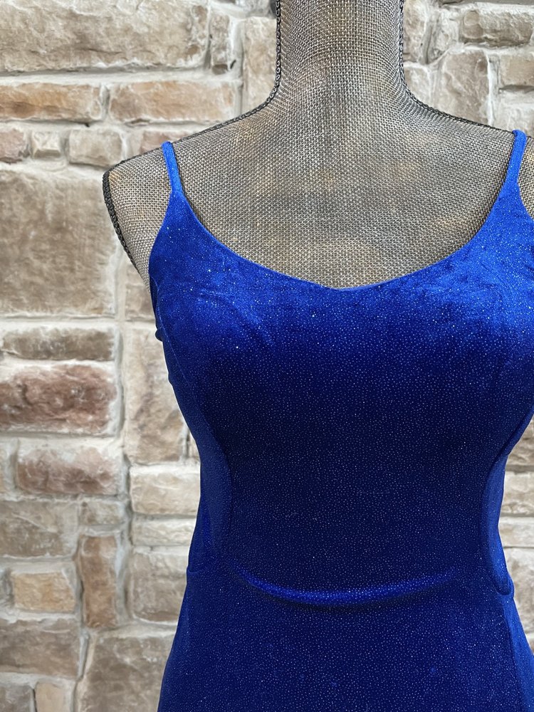 Morgan & Co. Royal Blue Glitter Velvet RIbbed Back Gown