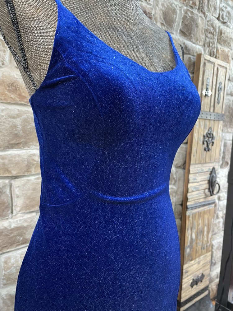 Morgan & Co. Royal Blue Glitter Velvet RIbbed Back Gown