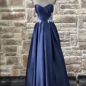 Blondie Nites Navy Strapless Applique Gown w/ Pockets