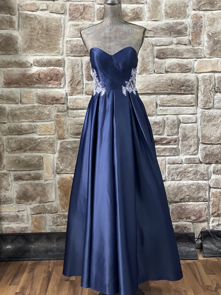 Blondie Nites Navy Strapless Applique Gown w/ Pockets