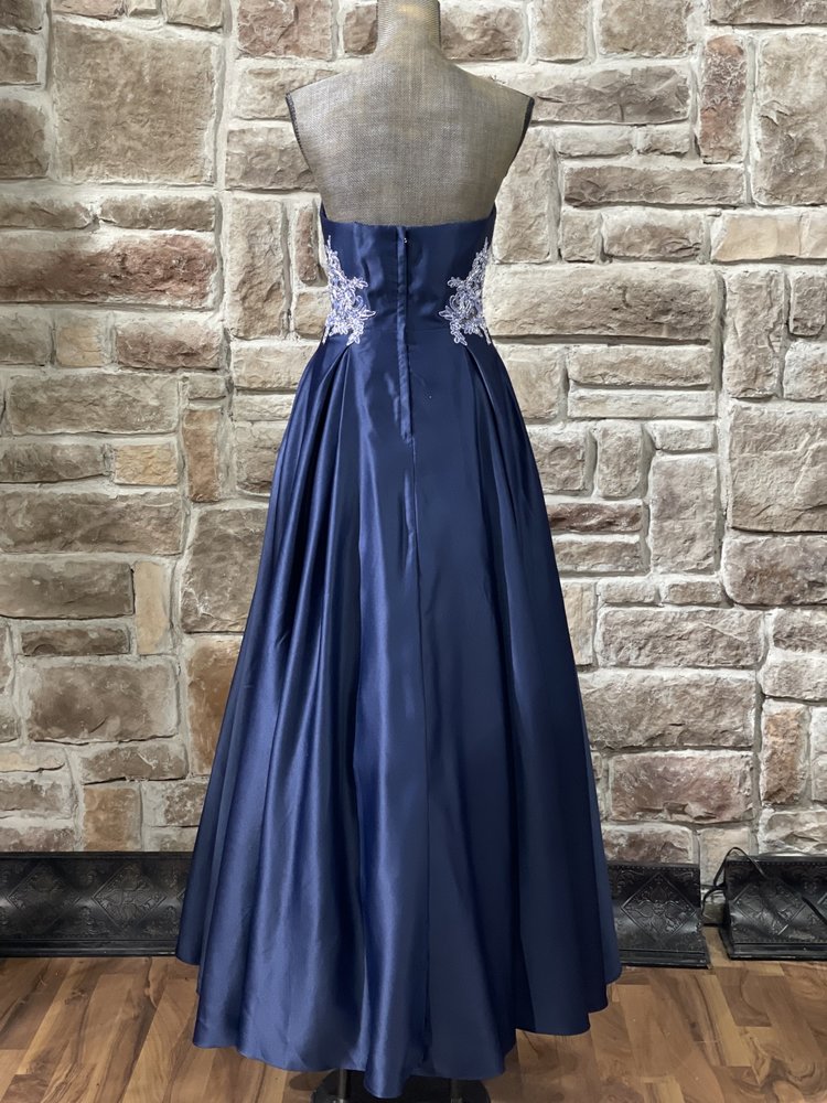 Blondie Nites Navy Strapless Applique Gown w/ Pockets