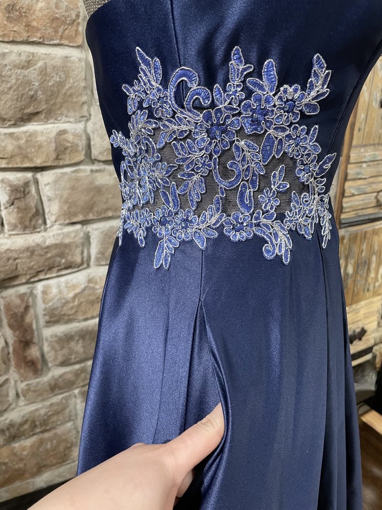 Blondie Nites Navy Strapless Applique Gown w/ Pockets