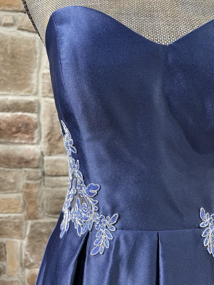 Blondie Nites Navy Strapless Applique Gown w/ Pockets