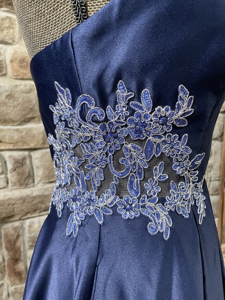 Blondie Nites Navy Strapless Applique Gown w/ Pockets