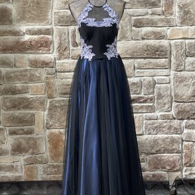 Blondie Nites Blue and Black Halter Applique Gown