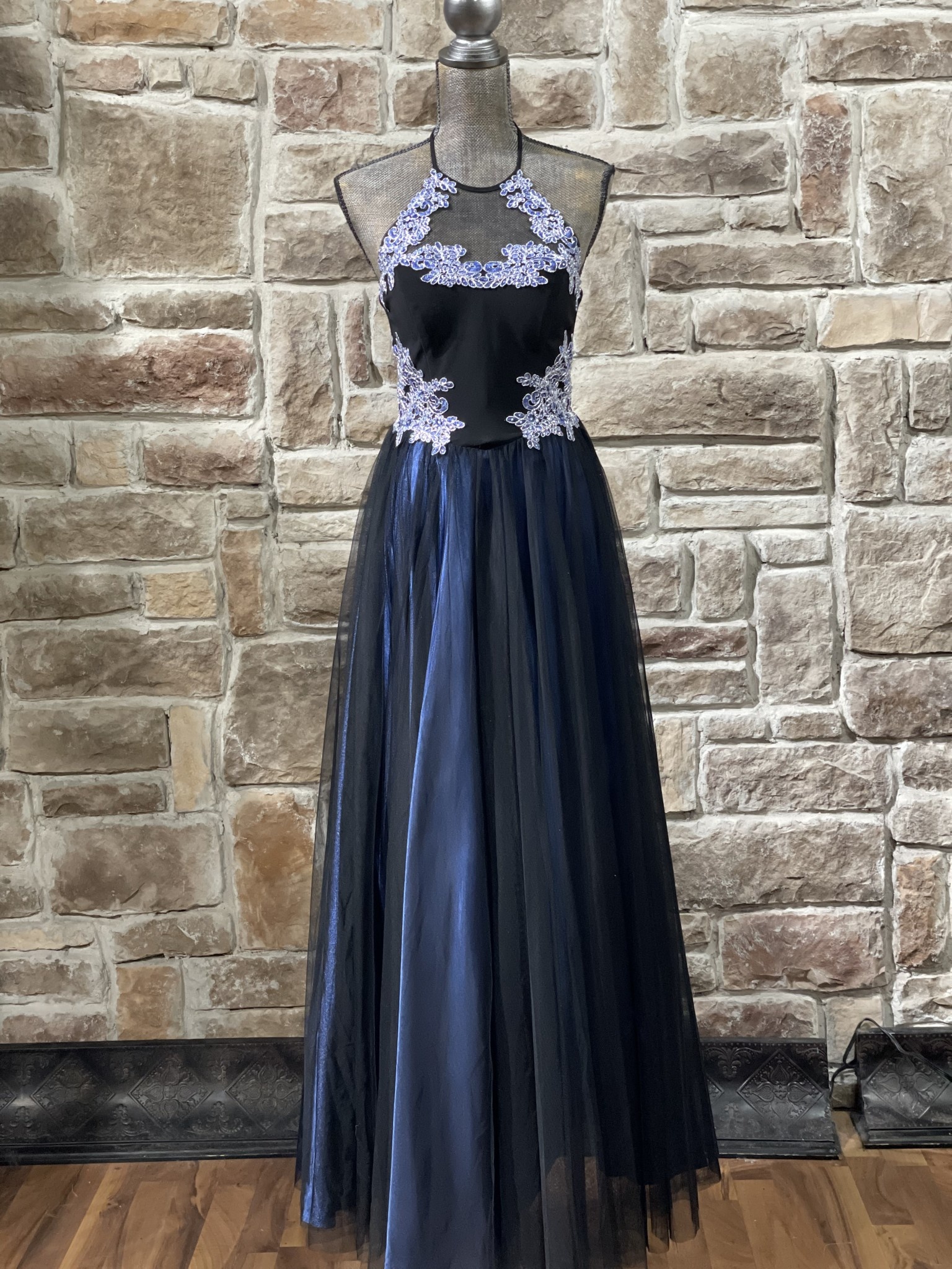 blondie nites halter dress Blue and Black Halter Applique Gown