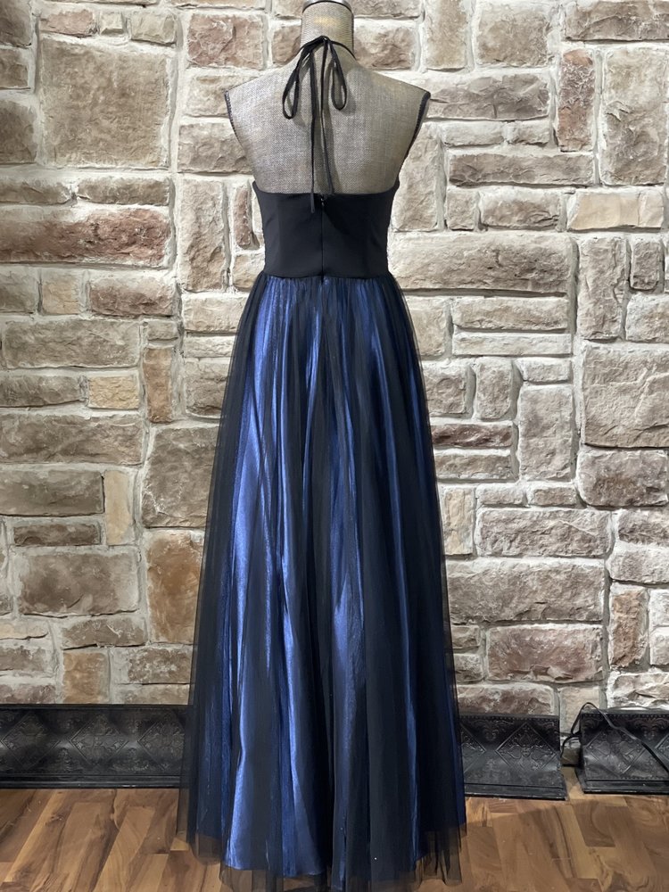 Blondie Nites Blue and Black Halter Applique Gown