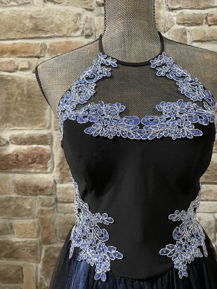 Blondie Nites Blue and Black Halter Applique Gown