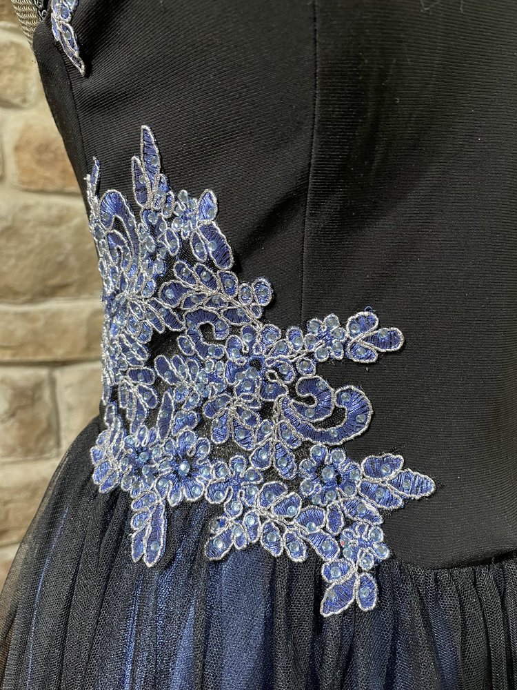 Blondie Nites Blue and Black Halter Applique Gown