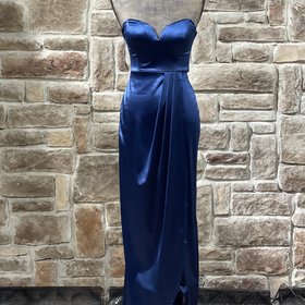 Navy Stretch Satin Faux Wrap Strapless Gown