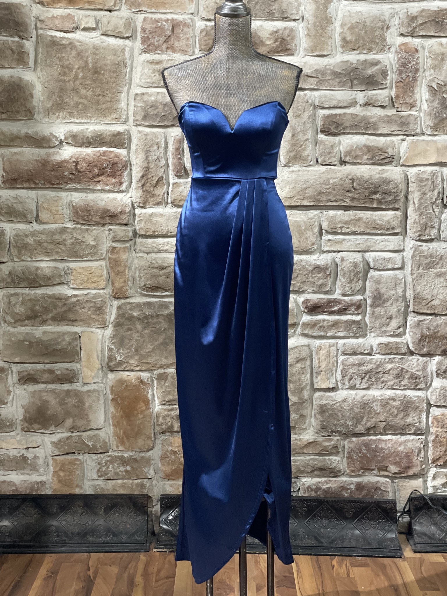 Navy Stretch Satin Faux Wrap Strapless Gown - Elements Unleashed