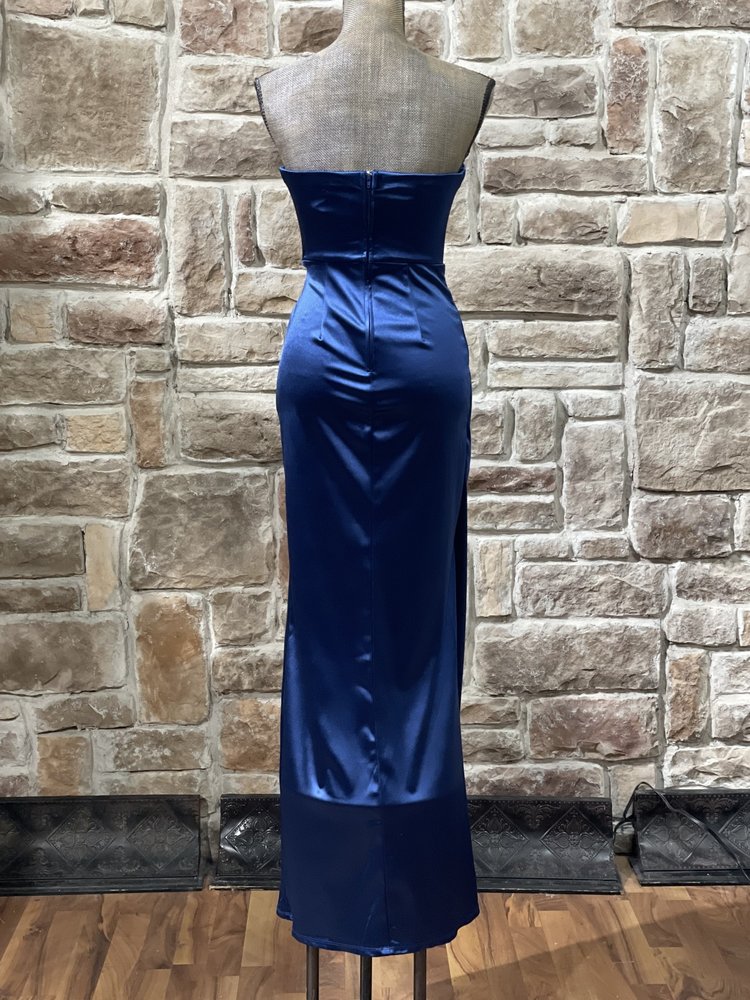 Navy Stretch Satin Faux Wrap Strapless Gown