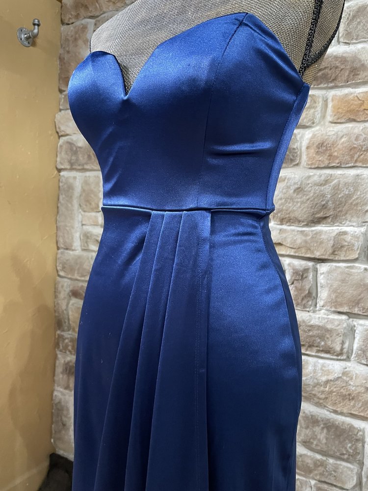 Navy Stretch Satin Faux Wrap Strapless Gown