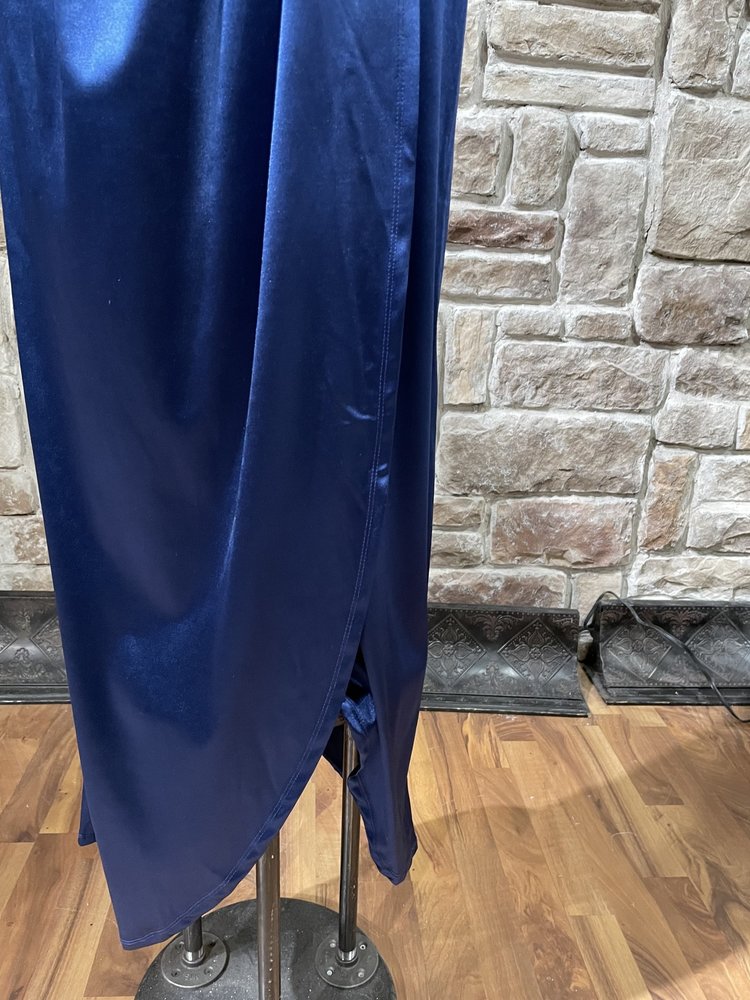 Navy Stretch Satin Faux Wrap Strapless Gown