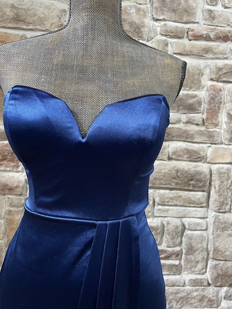 Navy Stretch Satin Faux Wrap Strapless Gown
