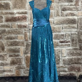 Jade Couture Teal Sequin Lace Satin Waist Gown, Size 10