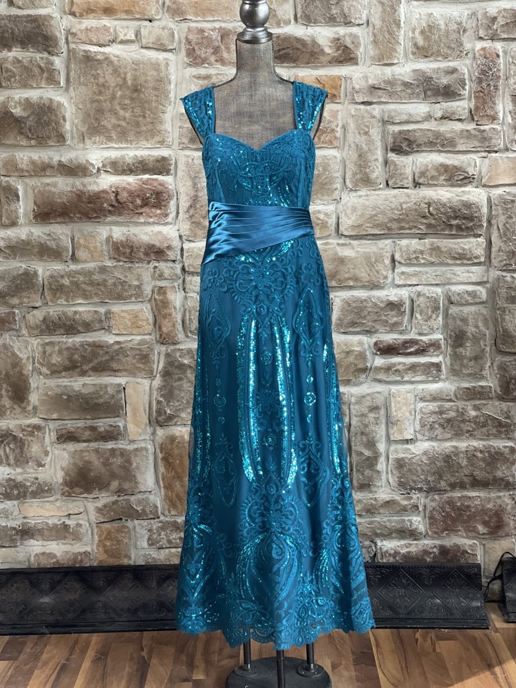 Jade Couture Teal Sequin Lace Satin Waist Gown, Size 10